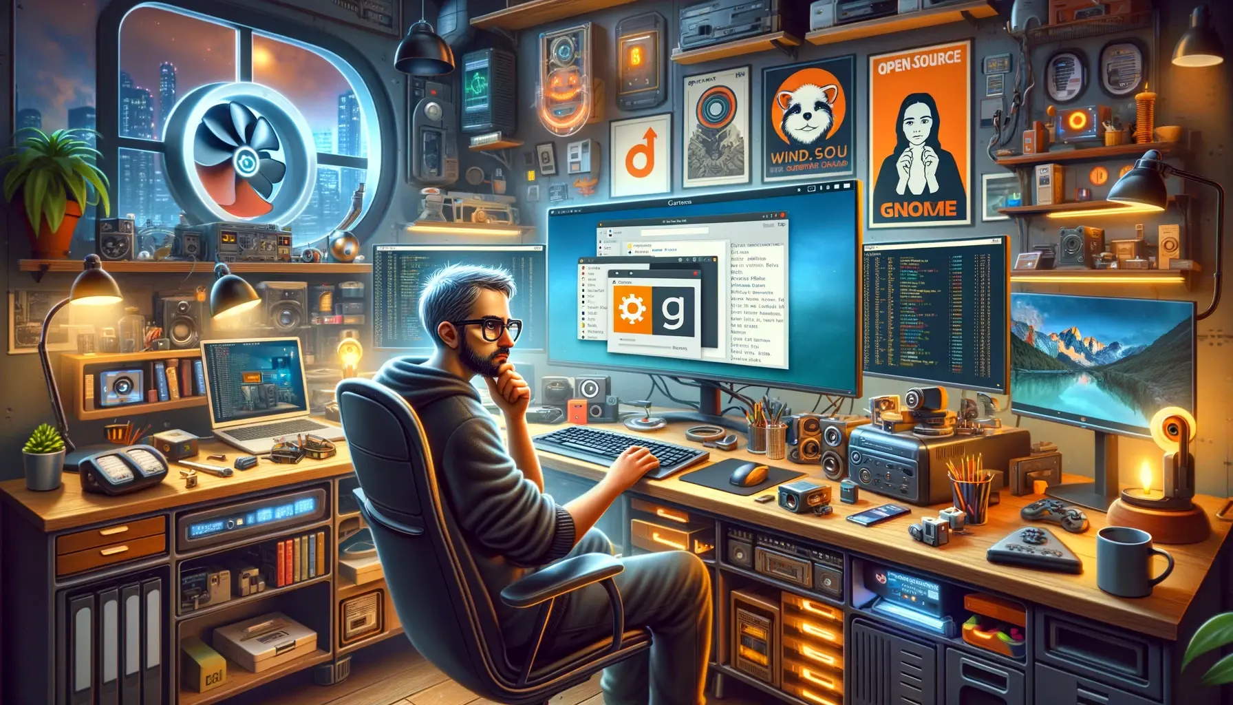 An image depicting a Linux geek in a tech-inspired room. The geek is sitting at a desk with a wide monitor, showing Ubuntu Linux with a GNOME desktop