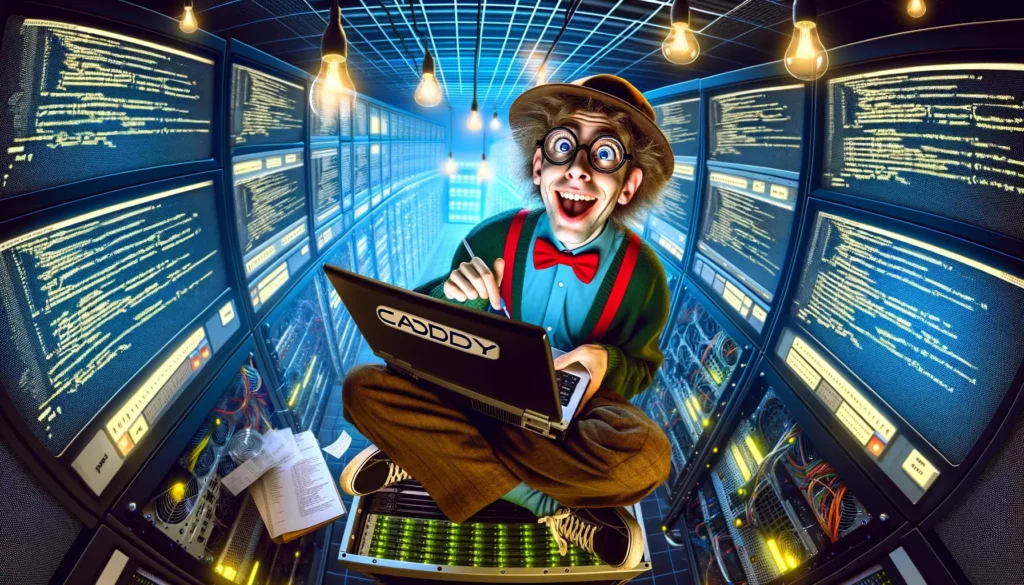 A wide-angle image of a whimsical IT professional coding a Caddy web server. The scene shows the IT expert with an excited and focused expression