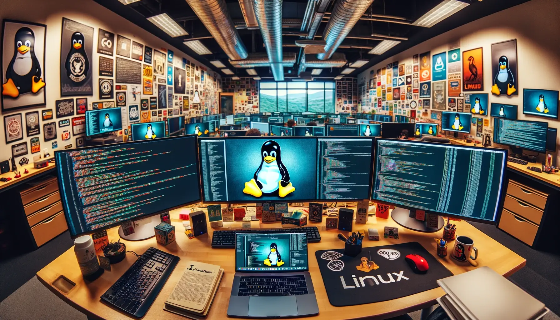 Širokoúhlý, panoramatický pohled na pracovní prostor věnovaný vývoji pro Linux.