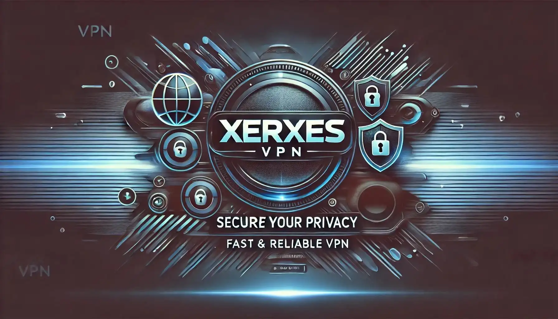 Širokoúhlý propagační banner pro službu XERXES VPN. Design zahrnuje moderní, bezpečný a rychlý koncept VPN. Uprostřed je výrazné a elegantní logo.