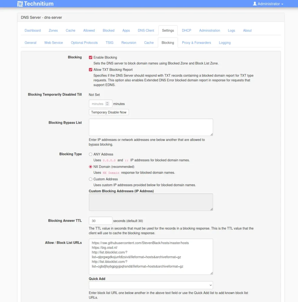 Ukázka administrátorského webového rozhraní Technitium DNS serveru Ukázka administrátorského webového rozhraní Technitium DNS serveru